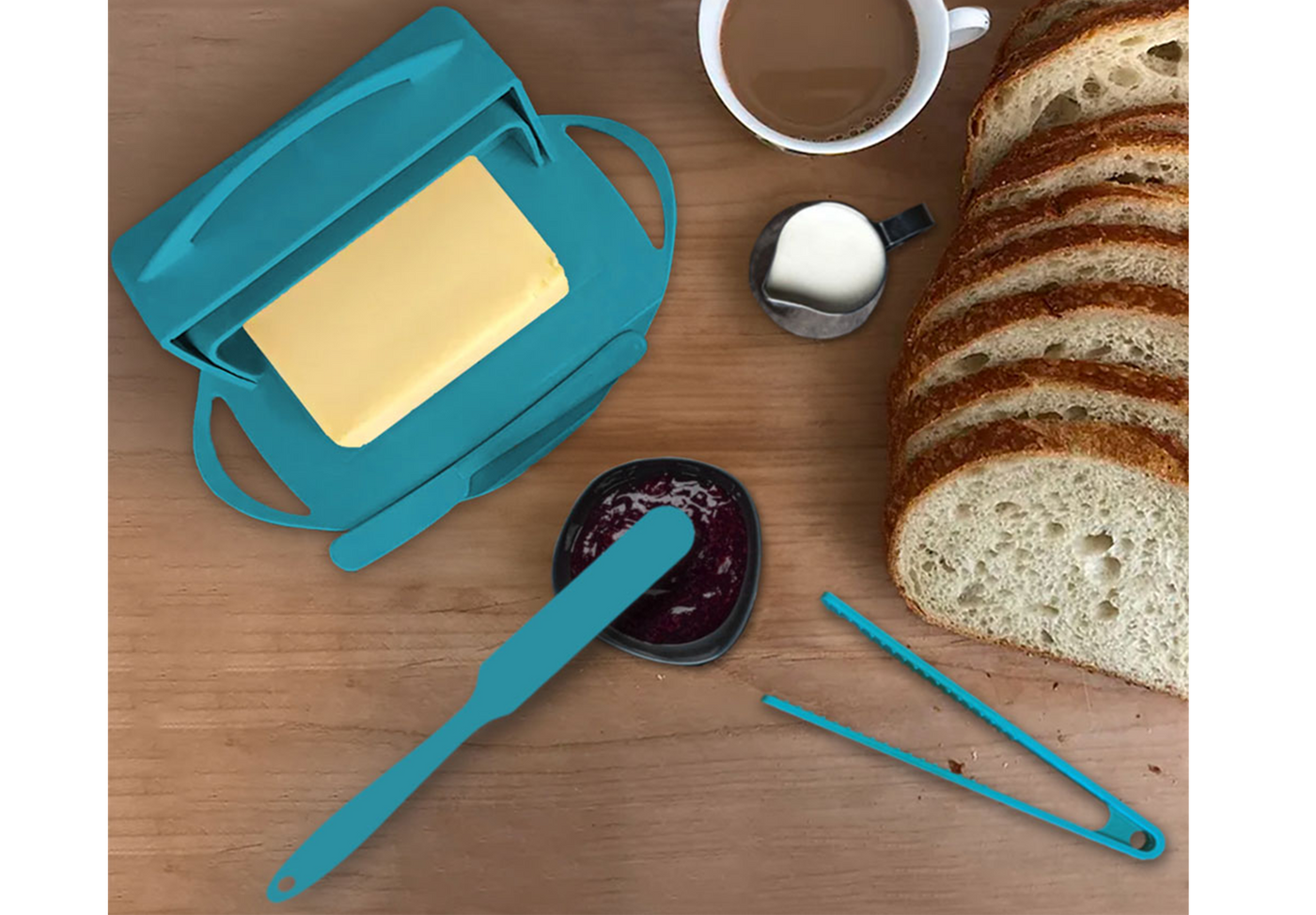 4-piece Breakfast Set: Butter Dish, Spreader, Tongs & Spatula